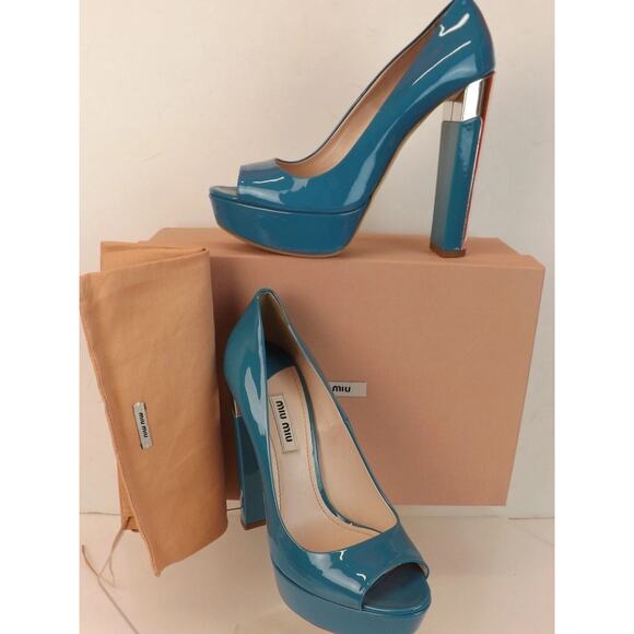Prada Shoes - NIB MIU MIU PRADA 5KP267 LIGH BLUE PATENT LEATHER OPEN TOE SILVER HEEL PUMPS 39